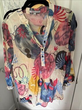 Variations Multicolor Abstract Print Women's Tunic Top - Pink/Blue/Yellow